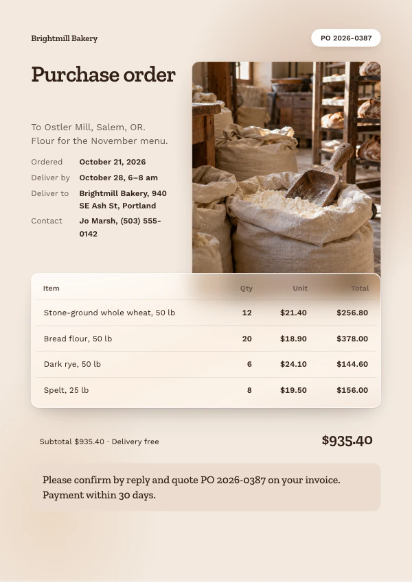 A4 purchase order for flour with an item table
