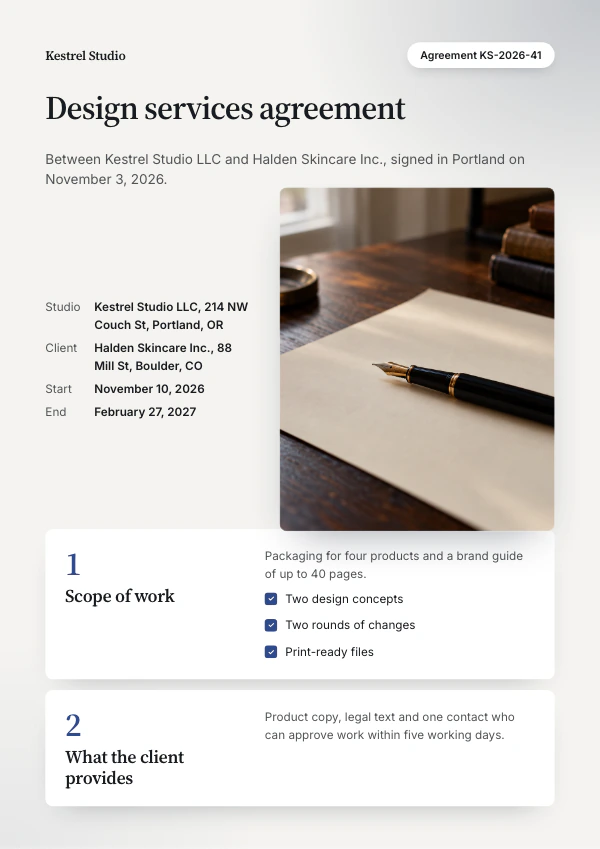 A4 design services agreement with parties and scope