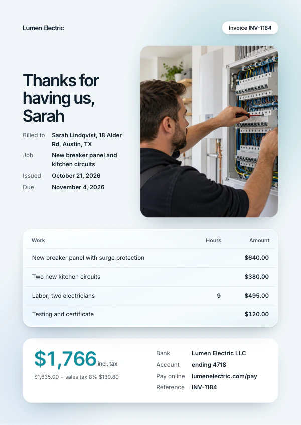 A4 invoice for electrical work with the total and bank details