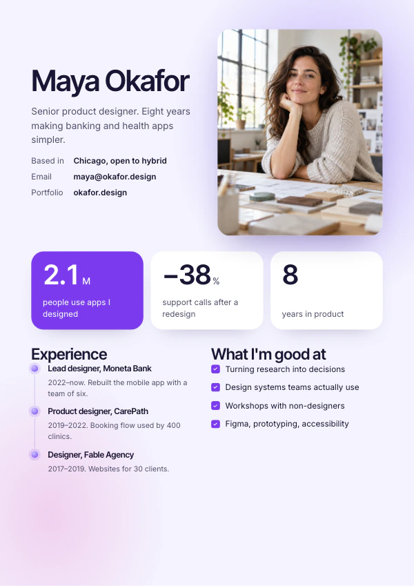 A4 CV with a portrait, results and experience