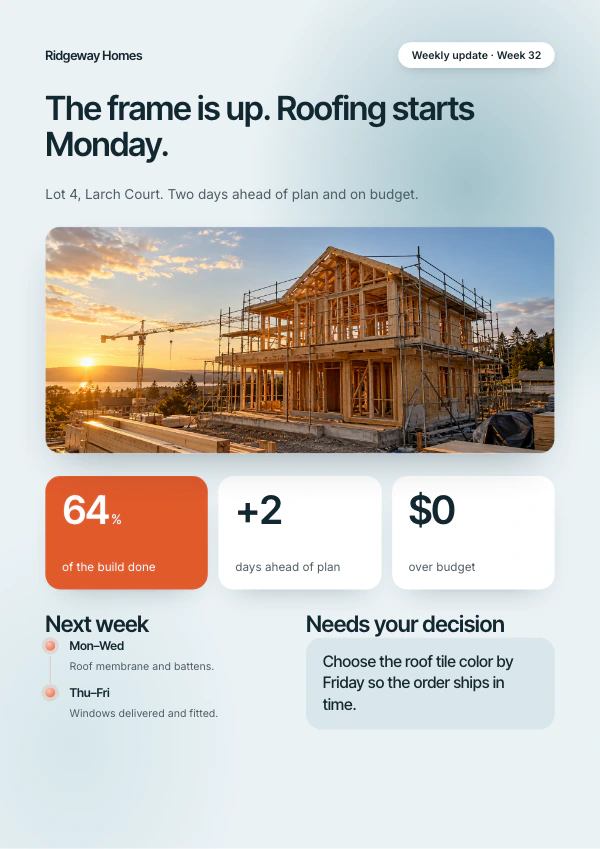 A4 construction status report with progress figures