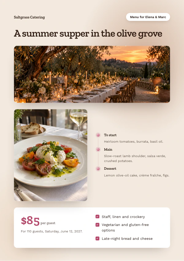 A4 wedding menu with a long outdoor table