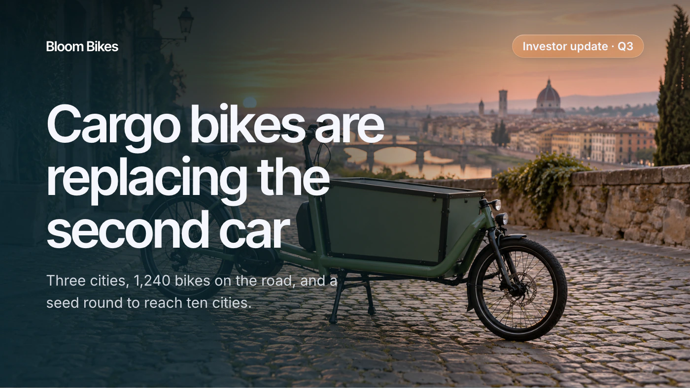 Investor deck cover: an electric cargo bike on a street