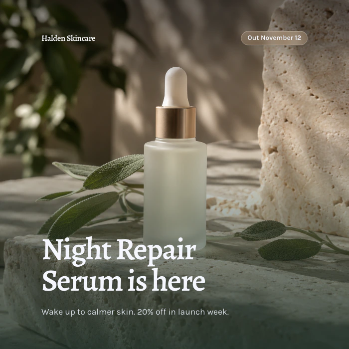 Square product launch post with a serum bottle
