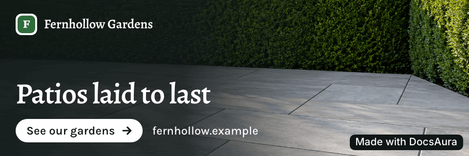 Animated card for Fernhollow Gardens, a made-up landscaper: Patios laid to last, over a photo of a stone patio