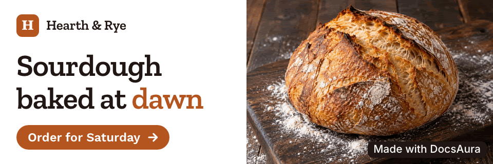 Animated card for Hearth and Rye, a made-up bakery: Sourdough baked at dawn, with a photo of a loaf