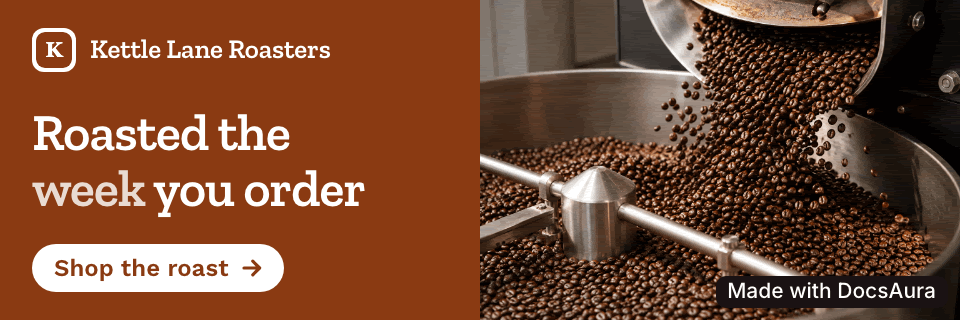 Animated card for Kettle Lane Roasters, a made-up coffee roaster: Roasted the week you order, on a brown panel beside a photo of coffee beans