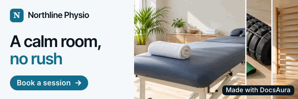 Animated card for Northline Physio, a made-up physiotherapy clinic: A calm room, no rush, with panels of a treatment room