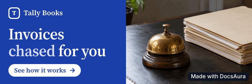 Animated card for Tally Books, a made-up accounting service: Invoices chased for you, beside a photo of a desk bell and folders