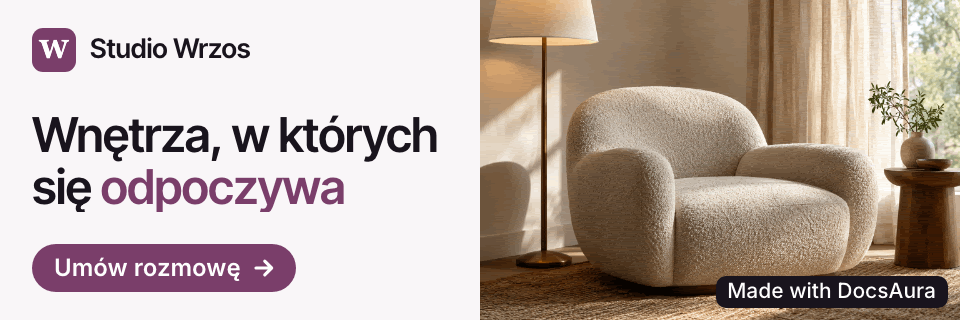 Animated card for Studio Wrzos, a made-up Polish interior design studio, with a photo of an armchair and Polish text